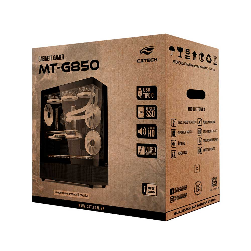 Imagem de GABINETE GAMER C3TECH AQUARIUS MT-G850BK SEM FONTE PRETO
